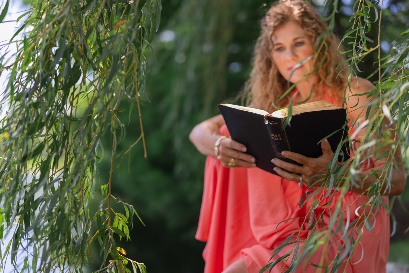 Sara reading a Bible under a willow tree.